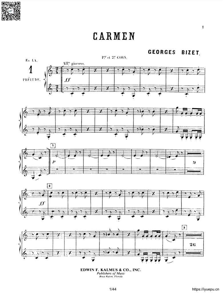 bizet-carmen four acts 比才 卡门 全剧 交响乐团谱 圆号i ii 分谱44