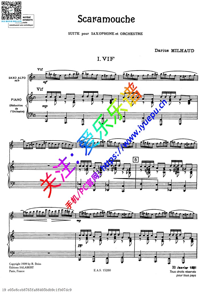 milhaud darius 达律斯·米约 scaramouche 胆小鬼 萨克斯钢琴伴奏谱