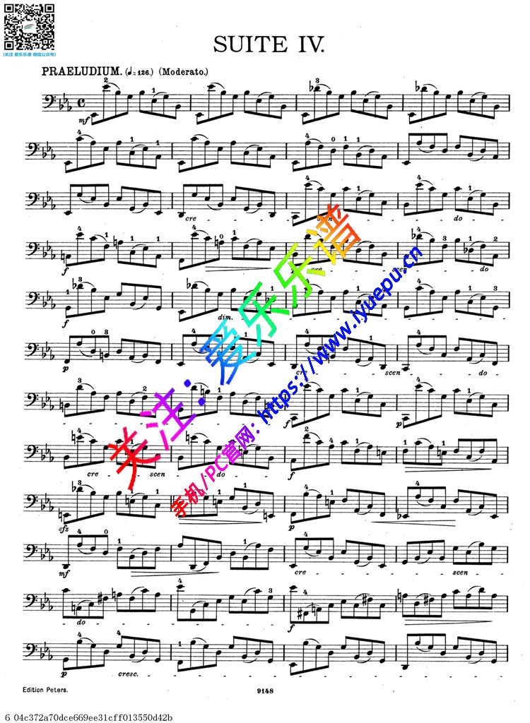 巴赫無伴奏大提琴第四組曲 降e大調 bwv1010 大提琴譜 peter版 帶指法