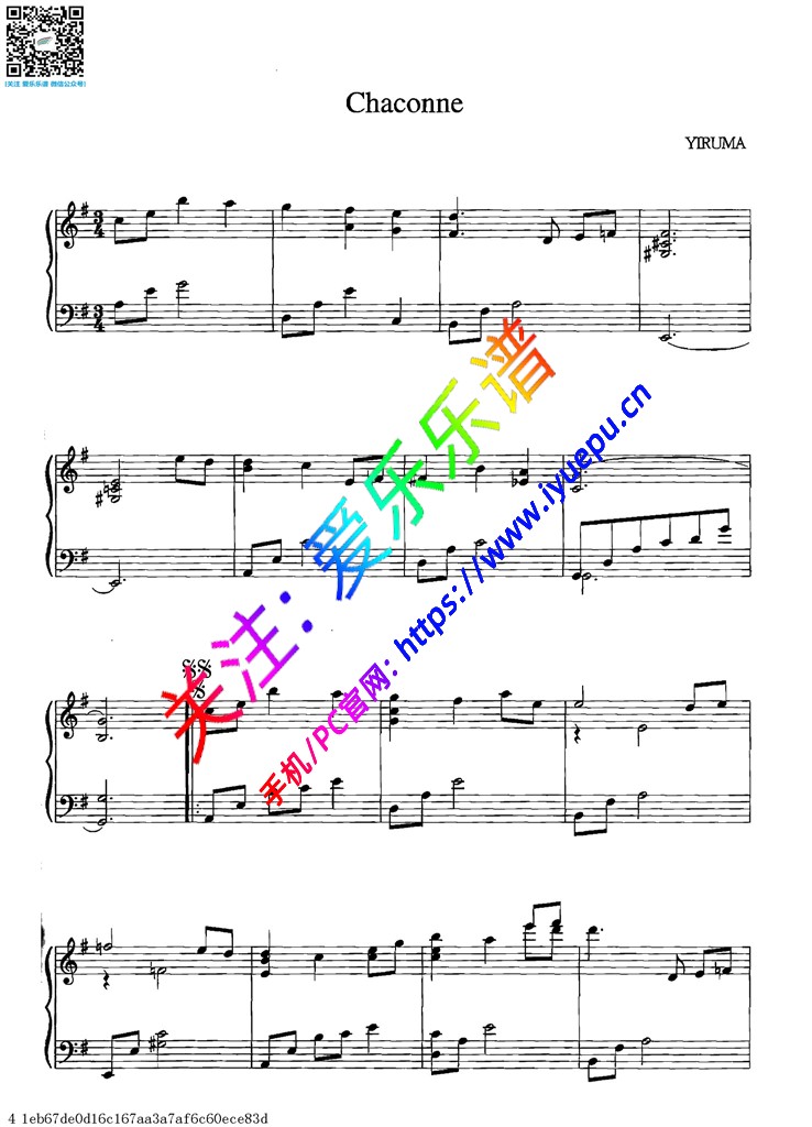 Yiruma 李闰珉Chaconne 钢琴谱 钢琴独奏谱 乐谱曲谱总谱分谱伴奏音乐在线预览试听下载