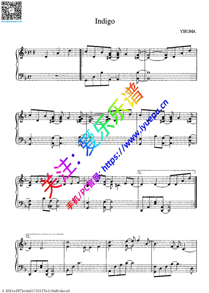 Yiruma 李闰珉Indigo 钢琴谱 钢琴独奏谱 乐谱曲谱总谱分谱伴奏音乐在线预览试听下载