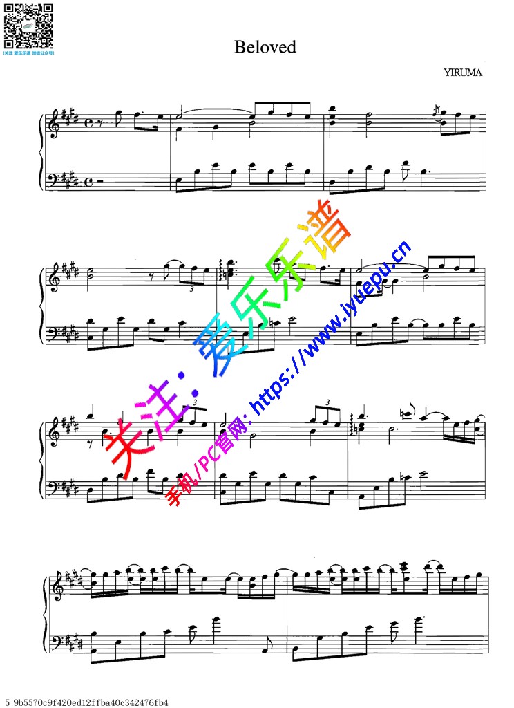 Yiruma 李闰珉Beloved钢琴谱 钢琴独奏谱 乐谱曲谱总谱分谱伴奏音乐在线预览试听下载
