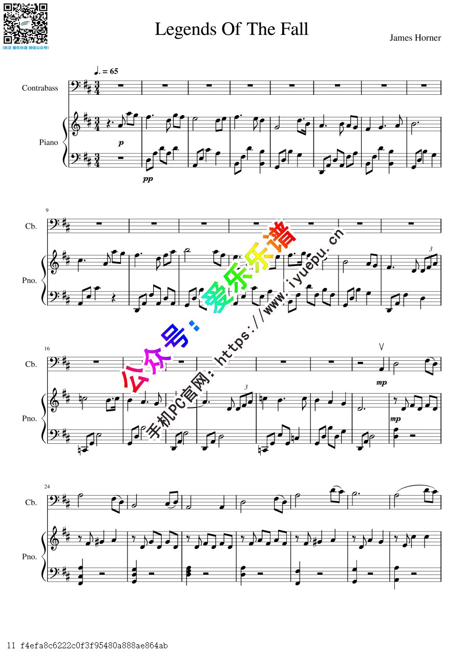 The Ludlows 燃情岁月 Legends Of The Fall 低音提琴谱钢琴伴奏谱 总谱分谱 乐谱曲谱总谱分谱伴奏音乐在线预览试听下载