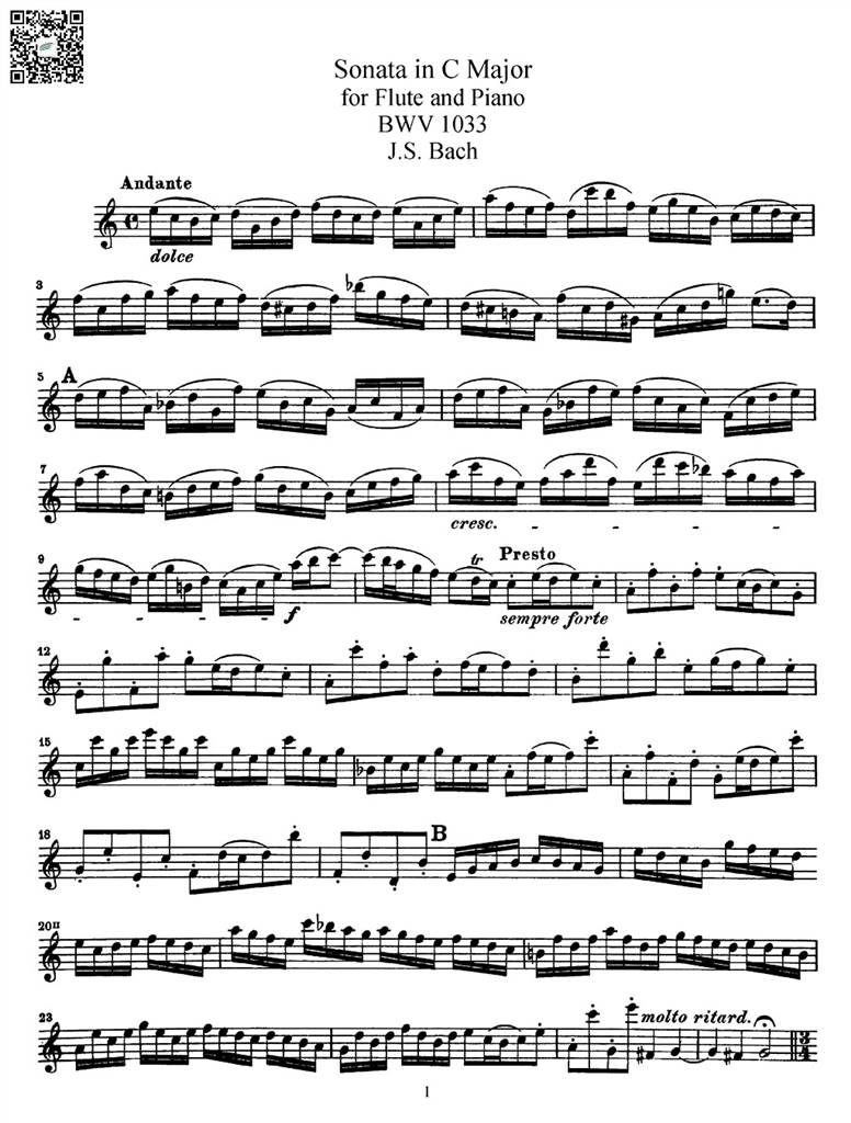 巴赫c大调长笛奏鸣曲 bwv 1033 长笛谱peter 乐谱曲谱总谱分谱伴奏