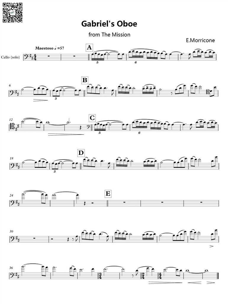 莫里康 加布里埃尔的双簧管 大提琴谱 乐谱曲谱总谱分谱伴奏音乐在线